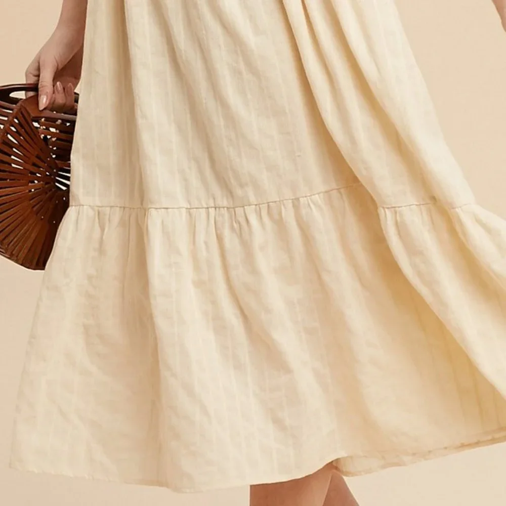 NEW Cream Apron Ruffle Square Neck Floral Embroidered Tie Back Cotton Midi Dress - Picture 10 of 12